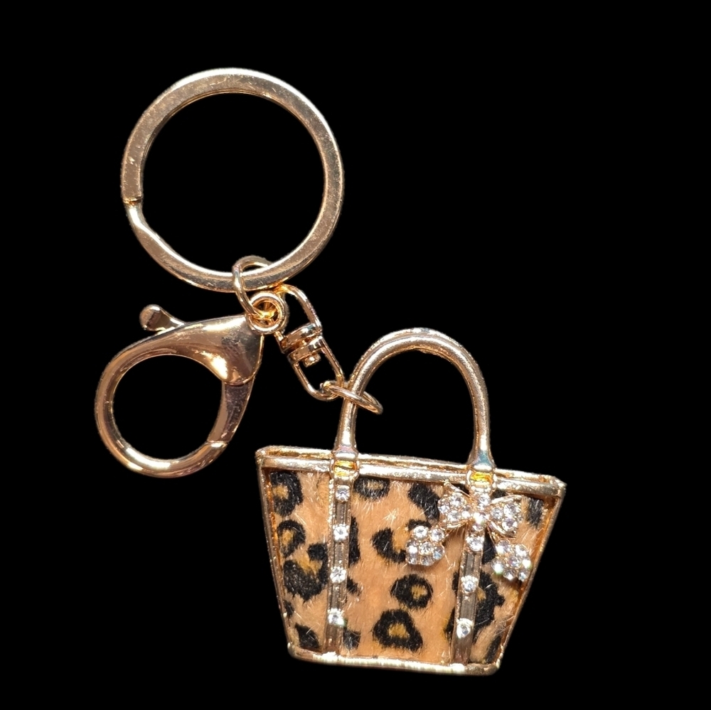 Leopard Print Bag Charm Keychain with Gold Accents